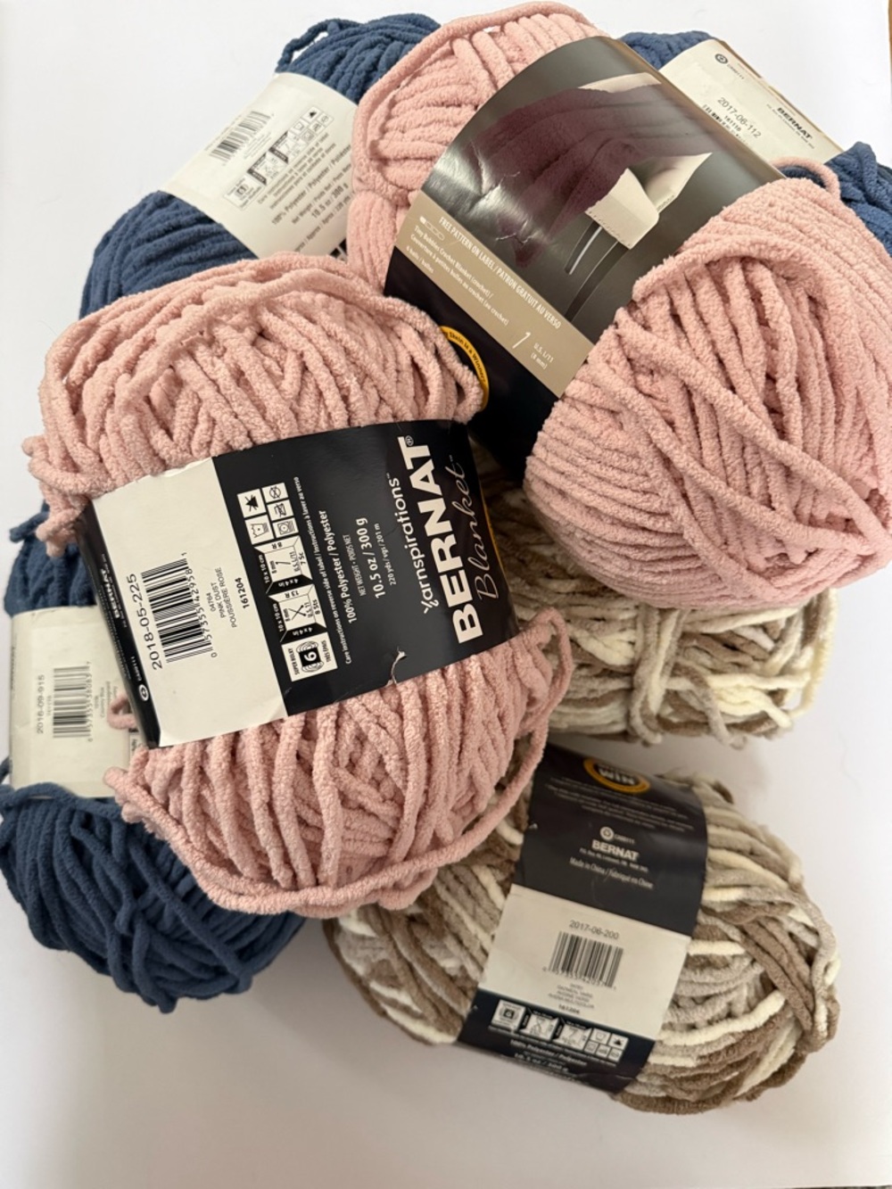 Bernat Blanket Yarn Bundle - Oatmeal Varg, Pink Dust, & Country Blue